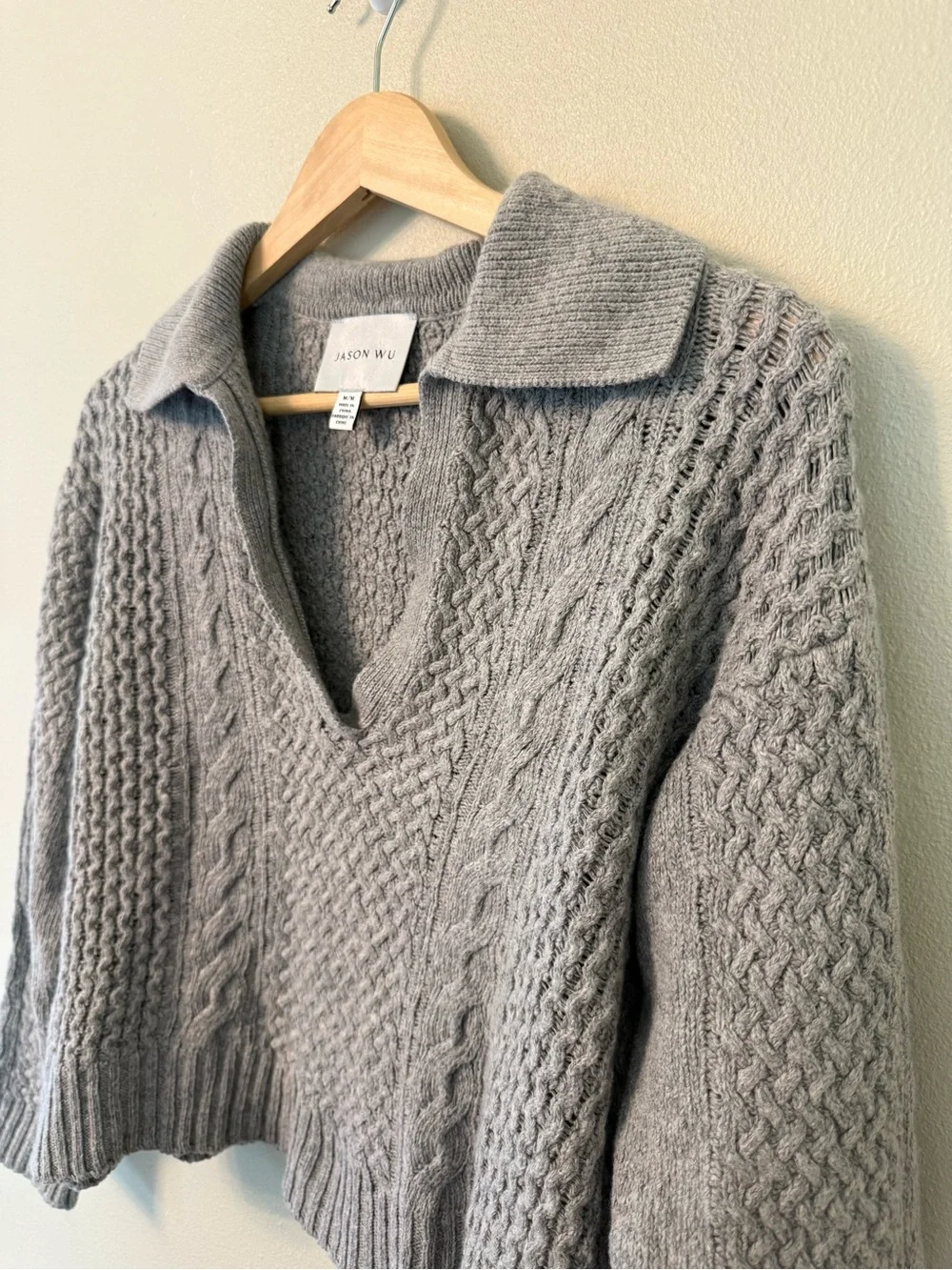 Jason Wu Chunky Cable Knit Fisherman Crop Collared Gray Wool M